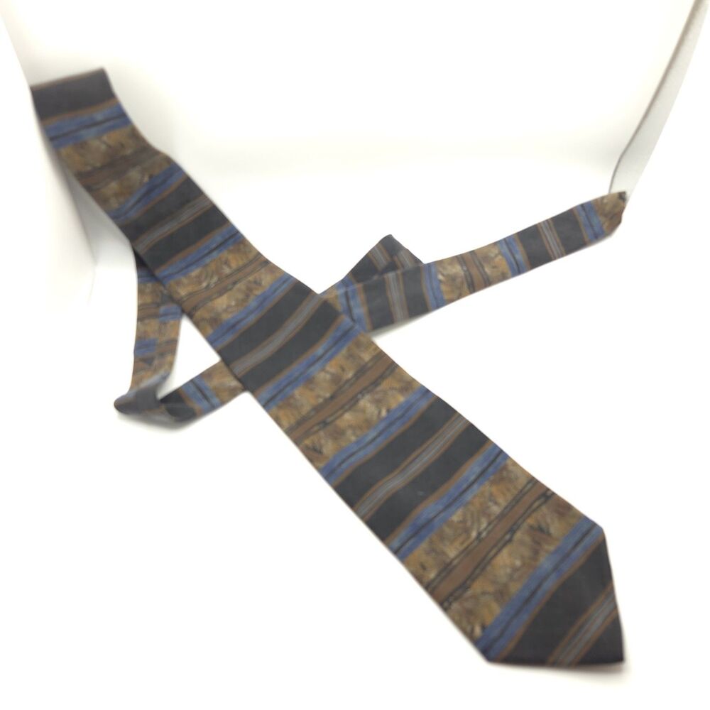 Vintage 90s Oscar de la Renta Silk Necktie Abstract Striped Pattern Brown Blue